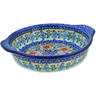 Polish Pottery Round Baker with Handles 9&quot; Peach Daisies UNIKAT