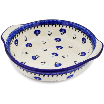 Polish Pottery Round Baker with Handles 9&quot; Poppies In The Snow