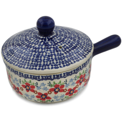 Polish Pottery Round Baker with Handles 9&quot; Red Flower Meadow