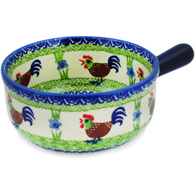 Polish Pottery Round Baker with Handles 9&quot; Rooster Strut UNIKAT