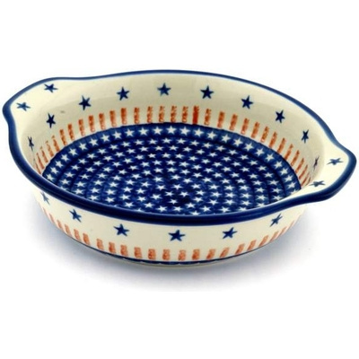 Polish Pottery Round Baker with Handles 9&quot; Star Spangled Banner