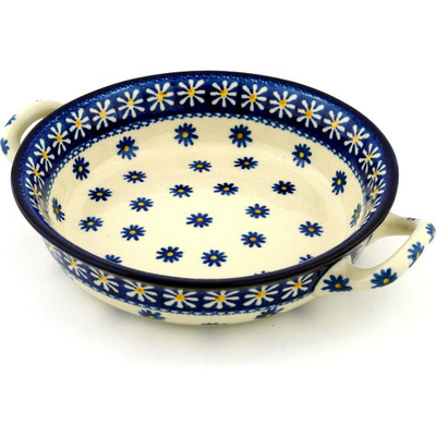Polish Pottery Round Baker with Handles Medium Asters And Daisies