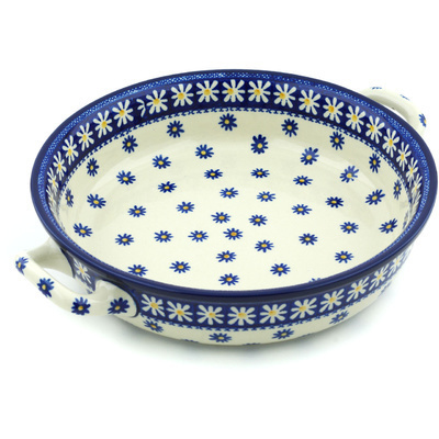 Polish Pottery Round Baker with Handles Medium Asters And Daisies