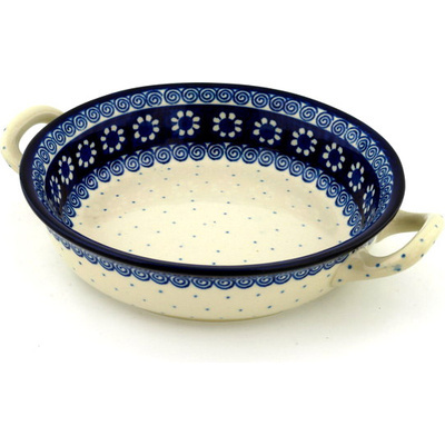 Polish Pottery Round Baker with Handles Medium Black Daisy Swirl