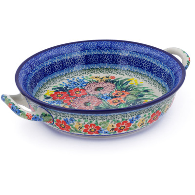 Polish Pottery Round Baker with Handles Medium Blooming Spring UNIKAT