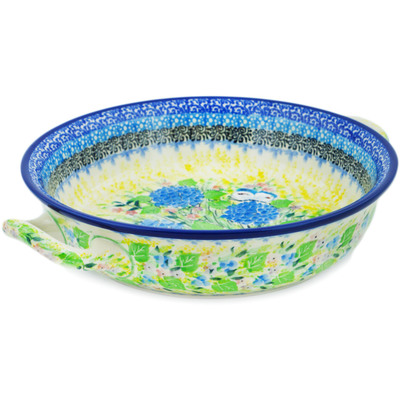 Polish Pottery Round Baker with Handles Medium Blue Hydrangea UNIKAT