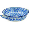 Polish Pottery Round Baker with Handles Medium Blue Olive Waves