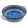 Polish Pottery Round Baker with Handles Medium Blue Poppies UNIKAT