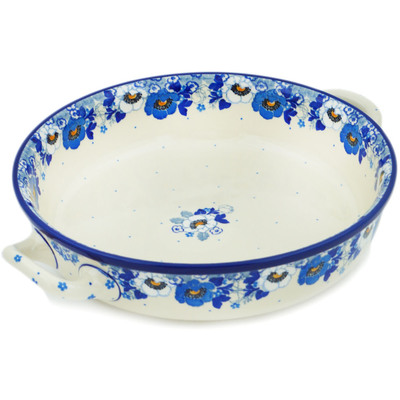 Polish Pottery Round Baker with Handles Medium Blue Spring