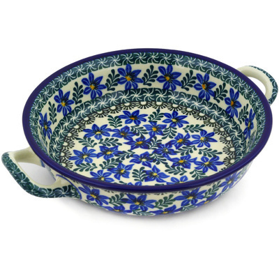 Polish Pottery Round Baker with Handles Medium Blue Violets