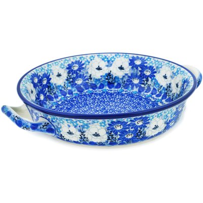 Polish Pottery Round Baker with Handles Medium Blue Wildflower Meadow UNIKAT