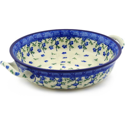 Polish Pottery Round Baker with Handles Medium Cascading Blue Blossoms