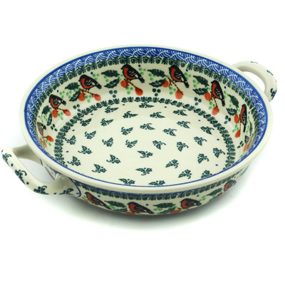 Polish Pottery Round Baker with Handles Medium Christmas Chickadee