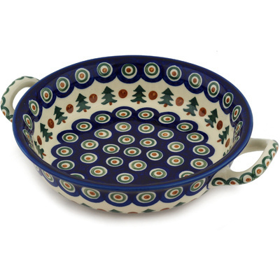 Polish Pottery Round Baker with Handles Medium Cranberries And Evergreen
