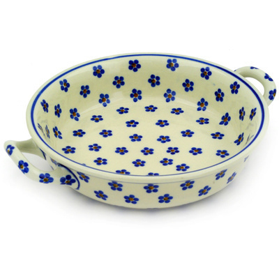 Polish Pottery Round Baker with Handles Medium Daisy Dots