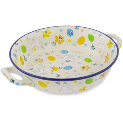 Polish Pottery Round Baker with Handles Medium Egg Hunt