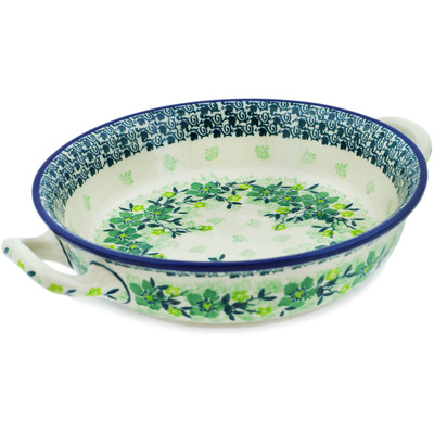 Polish Pottery Round Baker with Handles Medium Evergreen Wreath