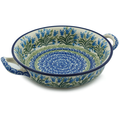 Polish Pottery Round Baker with Handles Medium Feathery Bluebells