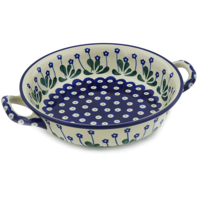 Polish Pottery Round Baker with Handles Medium Forget-me-not Peacock