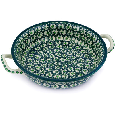 Polish Pottery Round Baker with Handles Medium Green Garlands