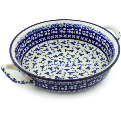 Polish Pottery Round Baker with Handles Medium Hooking Shamrocks