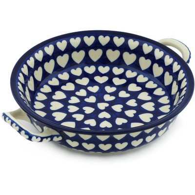 Polish Pottery Round Baker with Handles Medium Hypnotic Hearts