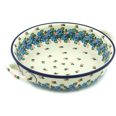 Polish Pottery Round Baker with Handles Medium Indigo Roses