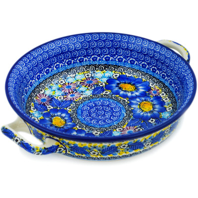 Polish Pottery Round Baker with Handles Medium Joyful Meadow UNIKAT