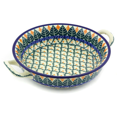 Polish Pottery Round Baker with Handles Medium Leaf Lattice