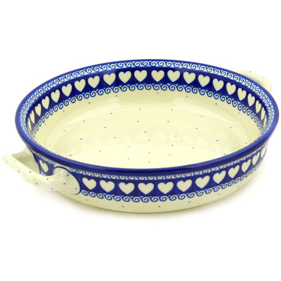 Polish Pottery Round Baker with Handles Medium Light Hearted