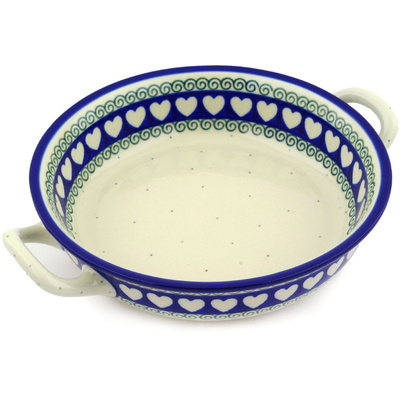 Polish Pottery Round Baker with Handles Medium Light Hearted