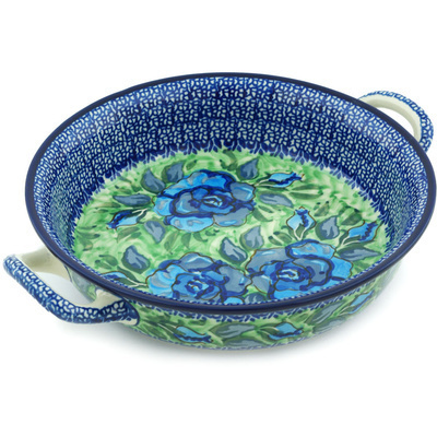 Polish Pottery Round Baker with Handles Medium Matisse Flowers Cobalt UNIKAT