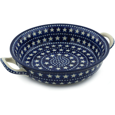 Polish Pottery Round Baker with Handles Medium Midnight Stars