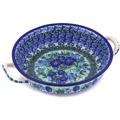 Polish Pottery Round Baker with Handles Medium Moody Blues UNIKAT