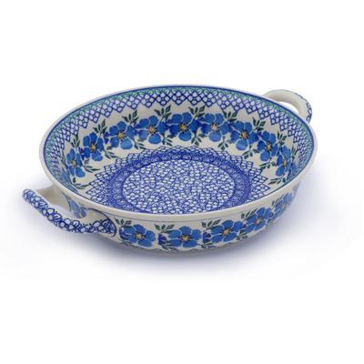 Polish Pottery Round Baker with Handles Medium Morning Glory