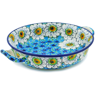 Polish Pottery Round Baker with Handles Medium Pansies And Daisies UNIKAT