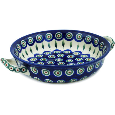 Polish Pottery Round Baker with Handles Medium Peacock Leaves