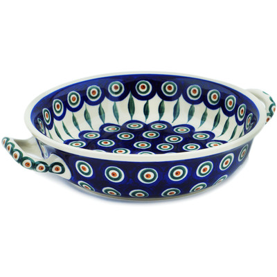 Polish Pottery Round Baker with Handles Medium Peacock Leaves
