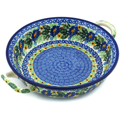 Polish Pottery Round Baker with Handles Medium Peeking Blooms UNIKAT