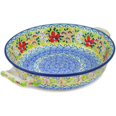 Polish Pottery Round Baker with Handles Medium Petal Dance UNIKAT