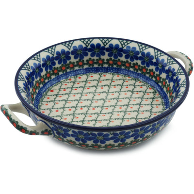 Polish Pottery Round Baker with Handles Medium Primrose Trellis