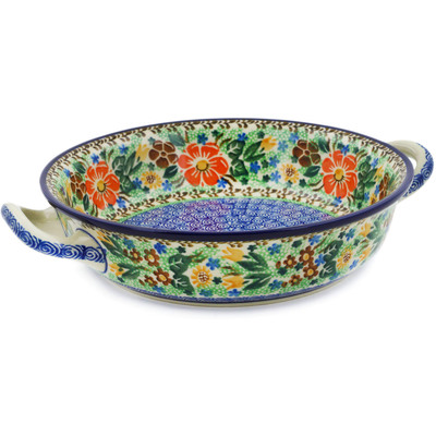 Polish Pottery Round Baker with Handles Medium Pristine Pansy UNIKAT