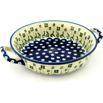 Polish Pottery Round Baker with Handles Medium Pushing Poppies Peacock