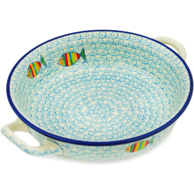Polish Pottery Round Baker with Handles Medium Rainbow Fish
