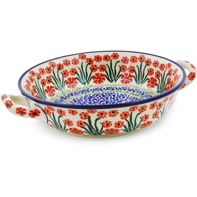 Polish Pottery Round Baker with Handles Medium Red April Showers