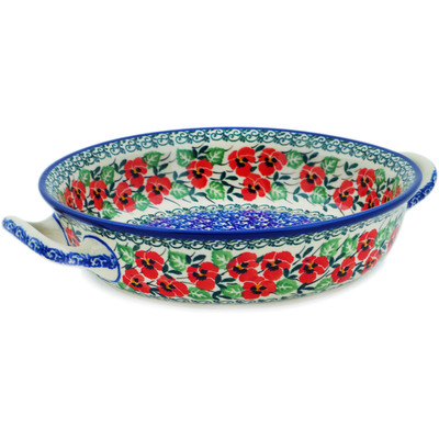 Polish Pottery Round Baker with Handles Medium Red Pansy