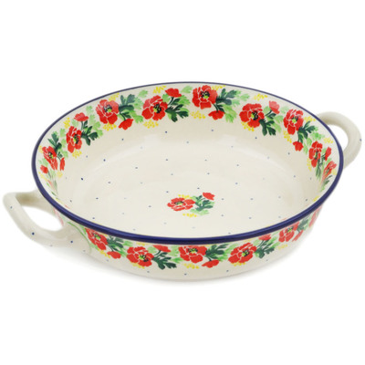 Polish Pottery Round Baker with Handles Medium Red Poppy Chain