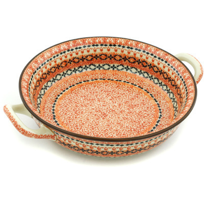 Polish Pottery Round Baker with Handles Medium Red Sea UNIKAT