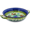 Polish Pottery Round Baker with Handles Medium Rooster Parade UNIKAT