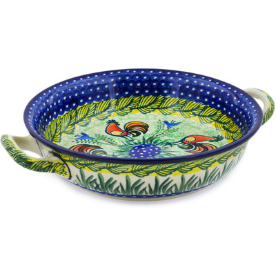 Polish Pottery Round Baker with Handles Medium Rooster Parade UNIKAT